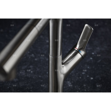 Bateria zlewozmywakowa stojąca KFA Armatura DUERO DESIGN, kolor inox, wyciągana wylewka i obrotowa wylewka 2 funkcyjna, obrotowy górny, wys. 320 mm