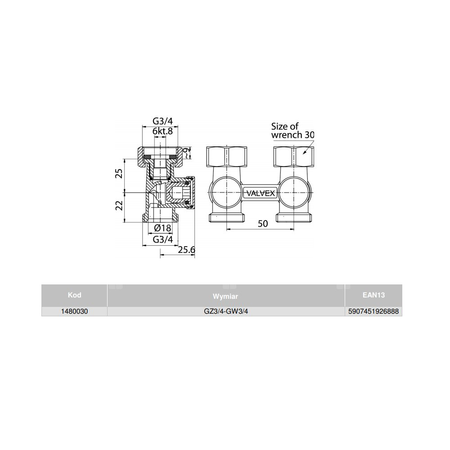 Moduł przyłączeniowy prosty VALVEX FUSION przyłącza mosiądz (niklowany) 3/4'' x 3/4'', rozstaw 50 mm do grzejników