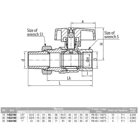 Zawór kulowy VALVEX Tryton mosiądz niklowany, PN40 1/2'' GZ x GW z półśrubunkiem, uchwyt: motylek