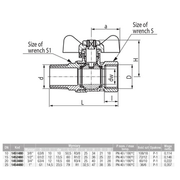 Zawór kulowy VALVEX Onyx mosiądz niklowany, PN40 1'' GZ x GW, uchwyt: motylek