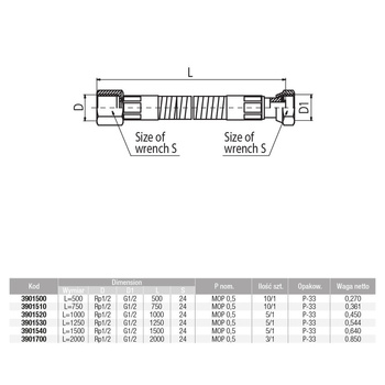 Wąż do gazu VALVEX V-Gas ze złączem gwintowanym 1/2'' Gwint wewnętrzny x Gwint wewnętrzny 1250 mm, oplot: PCV
