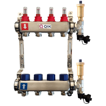 Rozdzielacz do ogrzewania podłogowego QIK STANDARD II 4-obieg. inox GW 1'' x GZ 3/4'' + przepływomierz