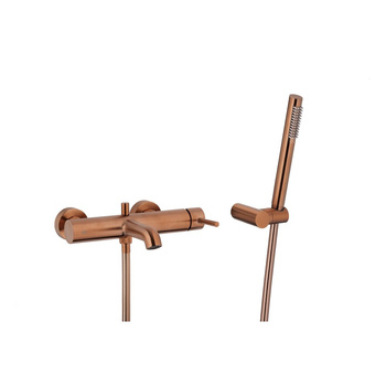 MOZA Bateria wannowa pozioma, ścienna + Zestaw natryskowy punktowy PREMIUM, Brushed rose gold PVD