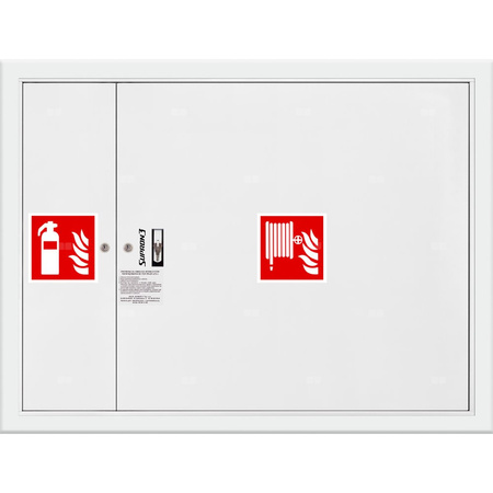 Hydrant DN 33 wnękowy z miejscem na gaśnicę obok zwijadła, wąż 20 m, ocynk fasada, zamek patent, RAL 9003