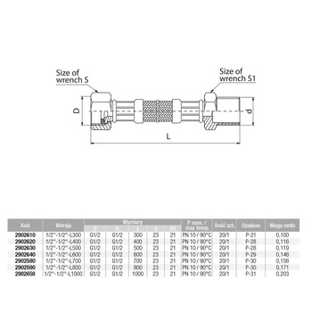 Wąż przyłączeniowy elastyczny VALVEX Viper Plus z oplotem (stal nierdzewna), GW x GZ, 1/2'' x 1/2'', długość 700 mm