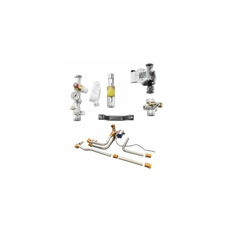 Grupa pompowa z zewnętrznym zaworem 3-drogowym do przygotowania ciepłej wody użytkowej przez pierwszy kocioł jednostki kaskadowej przez zawór 3-drogowy do kotła GC7000WP