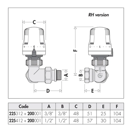 3-osiowy grzejnikowy zawór termostatyczny do rur stalowych (i miedzianych z serią 441). Wykonanie prawe 3/8"