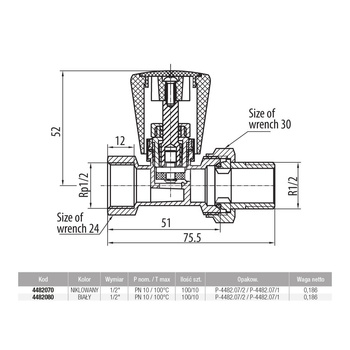 Zawór grzejnikowy VALVEX Activ Plus prosty, połączenie 1/2'' x 1/2'' (niklowany)