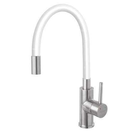 Bateria zlewozmywakowa FERRO ZUMBA INOX, kolor stal, elastyczna biała wylewka