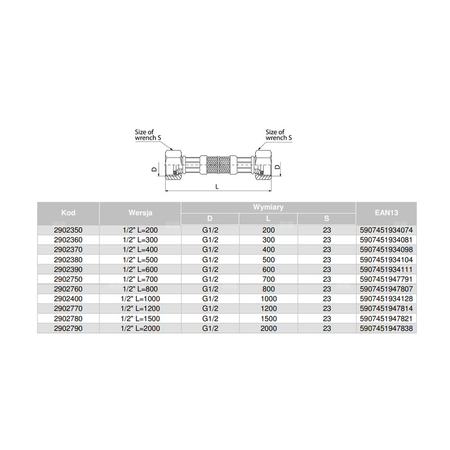 Wąż przyłączeniowy elastyczny VALVEX Viper Plus z oplotem (stal nierdzewna), GW x GW, 1/2'' x 1/2'', długość 800 mm