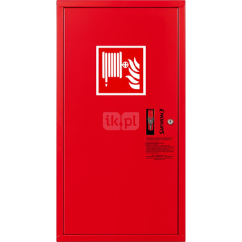 Hydrant DN 33 zawieszany boczny, wąż 30 m, ocynk fasada, zamek patent, RAL 3000 lewy