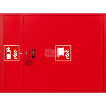 Hydrant DN 33 zawieszany z miejscem na gaśnicę obok zwijadła, wąż 20 m, ocynk fasada, zamek patent, RAL 3000