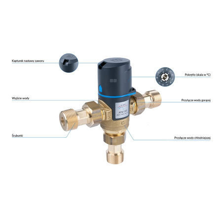 Zawór regulacyjny termostatyczny do wody ciepłej AFRISO ATM 343 ze śrubunkami mosiądz GZ 3/4'', DN 15, zakres temp. 35-60'C, Kvs 1.6 m3/h, maksymalna temperatura 90'C, maksymane ciśnienie 10 bar