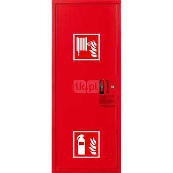 Hydrant DN 33 zawieszany boczny z miejscem na gaśnicę, wąż 30 m, ocynk fasada, zamek patent, RAL 3000 lewy