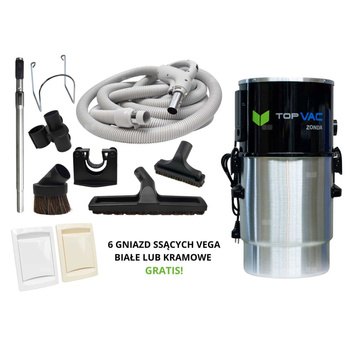 Jednostka centralna TopVac ZONDA z zestawem do sprzątania z wężem PREMIUM z włącznikiem on/off o dł. 9,1 m i gniazdami VEGA do wyboru