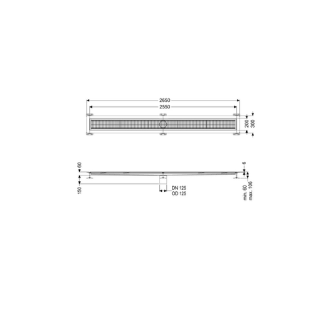 Odpływ rynnowy Ferrofix, kołnierz 6mm do uszczelnień płynnych, 200x2550mm