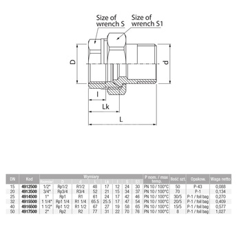 Złączka (śrubunek) prosta śrutowana (wersja krótka) VALVEX TWIST, 1 1/2'' (GZ x GW)
