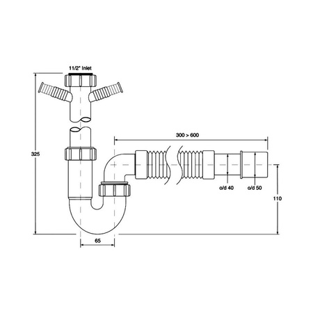 Syfon zlewozmywakowy rurowy 11/2"x50mm z podłą.pralki lub zmywarki, podłączeniem uniwersalnym bez spustu