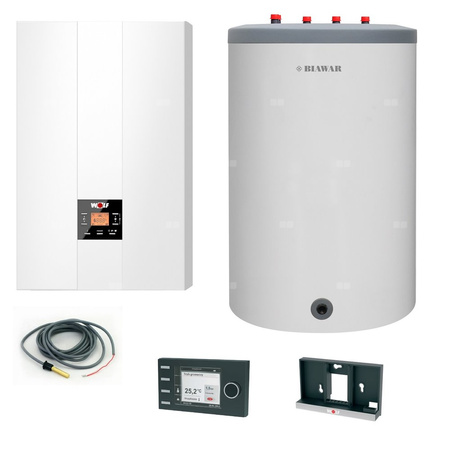 Pakiet - Kocioł gazowy jednofunkcyjny WOLF FGB-24 kondensacyjny wiszący 5.3 - 20.7 kW + Czujnik c.w.u. + RegulatorBM-2 + Zasobnik c.w.uLindo 150L