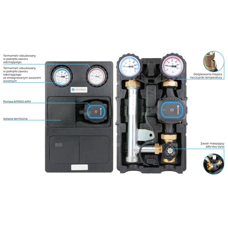 Grupa pompowa AFRISO PrimoTherm K 180-2 DN 25 AP 3-WM GZ x GW 1 1/2'' x 1'', z zaworem mieszającym, z izolacją, z pompą obiegową AFRISO APH 361 25-7/180 mm
