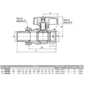 Zawór kulowy VALVEX Tryton mosiądz niklowany, PN40 3/4'' GZ x GW z półśrubunkiem, uchwyt: motylek