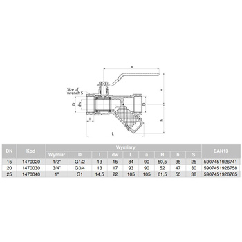 Zawór kulowy VALVEX Opti mosiądz, PN25 3/4'' GW z filtrem skośnym, uchwyt: dźwignia