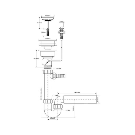 Syfon zlewozmywakowy rurowy 3,5"x50mm z podłączeniem do pralki lub zmywarki, spust z mech.automatycznym