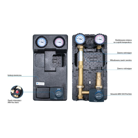 Grupa pompowa AFRISO PrimoTherm 180-2 DN 25 3-WM-SM Vario GZ x GW 1 1/2'' x 1'', z zaworem mieszającym, z izolacją, z siłownikiem arm 343 proclick