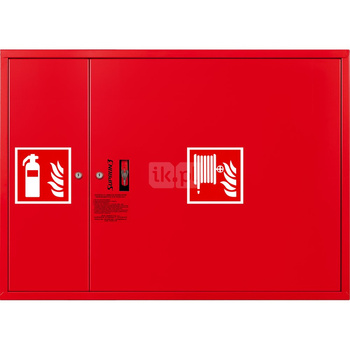 Hydrant DN 52 zawieszany z miejscem na gaśnicę obok kosza, wąż 15 m, zamek patent, RAL 3000