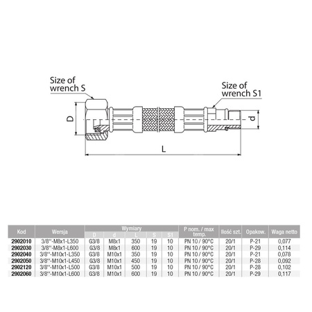 Wąż przyłączeniowy elastyczny VALVEX Viper Plus z oplotem (stal nierdzewna), GW x GZ, 3/8'' x M10x1, długość 450 mm, z uszczelką