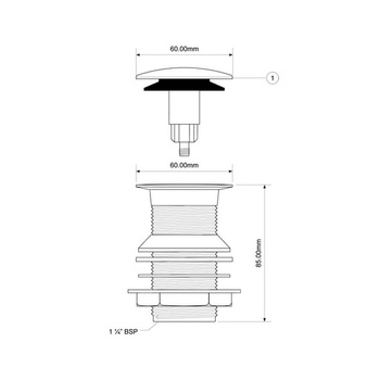 Spust umywalkowy klik-klak kwadratowy DEKORACYJNY 11/4x70mm bez przelewem CHROM