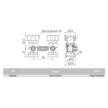 Moduł przyłączeniowy prosty VALVEX FUSION 4 mosiądz (niklowany) 3/4'' x 3/4'', rozstaw 50 mm do grzejników