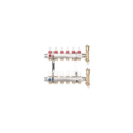 Rozdzielacz hydrauliczny VALVEX Base K5-6 stal nierdzewna 1'', odgałęzień: 6 (3/4'') + zawory termostatyczne + przepływomierze