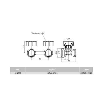 Moduł przyłączeniowy kątowy VALVEX FUSION 3 mosiądz (niklowany) 1/2'' x 3/4'' do grzejników