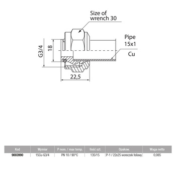 Złącze VALVEX CoPPer, mosiądz (niklowany), 15 mm x 3/4'' (zz x GW)