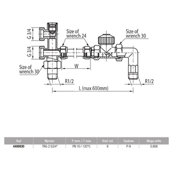 Zestaw przyłączeniowy grzejnikowy dwururowy VALVEX Vector Lux 3/4'' x 3/4'', zawór kątowy