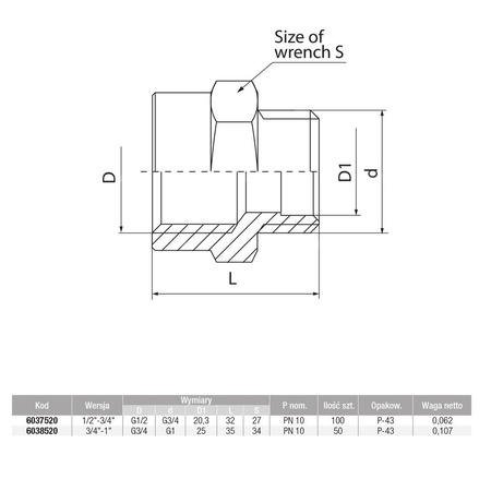 Złącze VALVEX V-Pex redukcja, mosiądz, 3/4'' x 1/2'' (GW x GZ), 32 mm