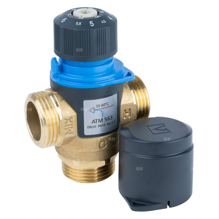 Zawór regulacyjny termostatyczny do wody ciepłej AFRISO ATM 563 ze śrubunkami mosiądz GZ 1'', DN 20, zakres temp. 35-60'C, Kvs 2.5 m3/h, maksymalna temperatura 90'C, maksymane ciśnienie 10 bar