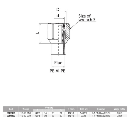 Złącze VALVEX V-Pex, mosiądz, 3/4'' x 16-20 mm (GW x zz), 28 mm