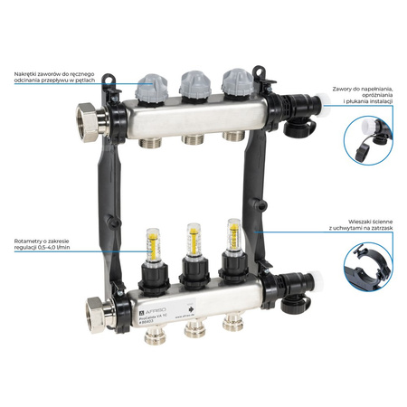 Rozdzielacz do ogrzewania podłogowego AFRISO ProCalida VA 1C 3-obieg. stal nierdzewna GZ 1'' x euroconus 3/4''