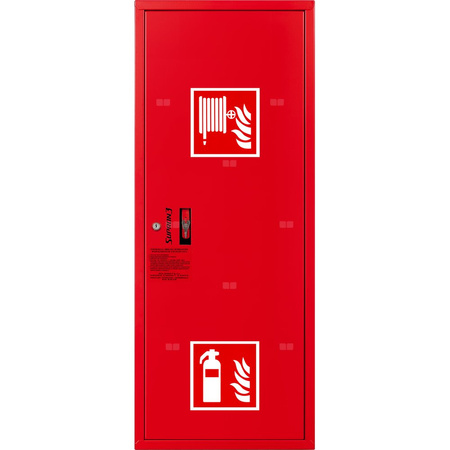 Hydrant DN 33 zawieszany boczny z miejscem na gaśnicę, wąż 20 m, ocynk fasada, zamek patent, RAL 3000 prawy