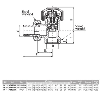Zawór regulacyjny termostatyczny do wody ciepłej VALVEX Vector FP15 typ ZT22 kątowy biały mosiądz 1/2'', DN 15, maksymalna temperatura 120'C, maksymane ciśnienie 10 bar