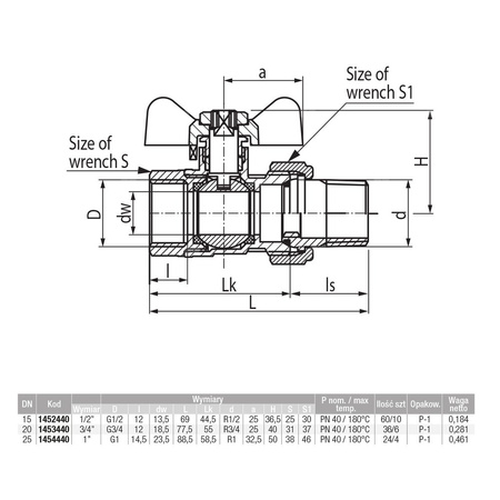 Zawór kulowy VALVEX Onyx mosiądz niklowany, PN40 3/4'' GZ x GW z półśrubunkiem, uchwyt: motylek