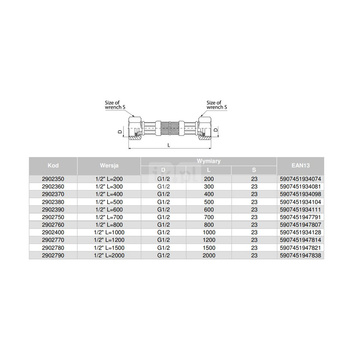 Wąż przyłączeniowy elastyczny VALVEX Viper Plus z oplotem (stal nierdzewna), GW x GW, 1/2'' x 1/2'', długość 200 mm