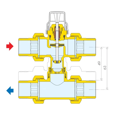 Trójdrożny zawór strefowy z obejściem współpracujący z siłownikami termoelektrycznymi serii 6563, 6561, 6562 i 6564 1/2"