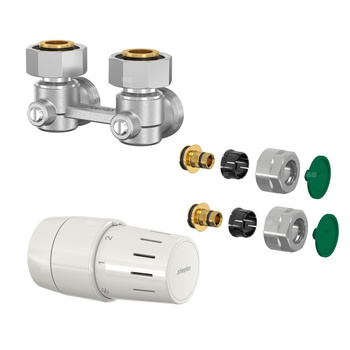 ZESTAW Z GŁOWICĄ TC-S3 KĄTOWY (GŁOWICA NA ZACISK, DWURUROWY BLOK KURK“W KĄTOWY ME1/50, NYPLE 1"" X 3"", KOMPLET ZŁĄCZA 16X2,0)