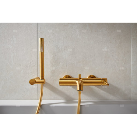 MOZA BATERIA WANNOWA POZIOMA, ŚCIENNA + ZESTAW NATRYSKOWY PUNKTOWY PREMIUM, ZŁOTY SZCZOTKOWANY PVD