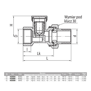 VECTOR Zawór grzejnikowy powrotny prosty typ ZO-P-10, niklowany 3/8