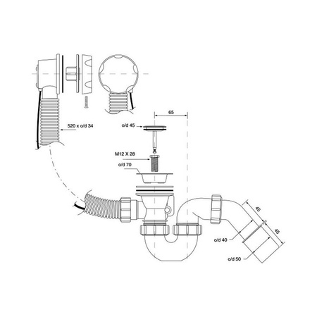 Zestaw odpływ-przelew.wannowy z odejściem 40/50mm,z mechanizmem autom. pokrętło mosiądz CHROM