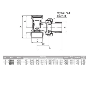 Zawór grzejnikowy powrotny kątowy VECTOR 1/2 typ ZO-K-15, niklowany